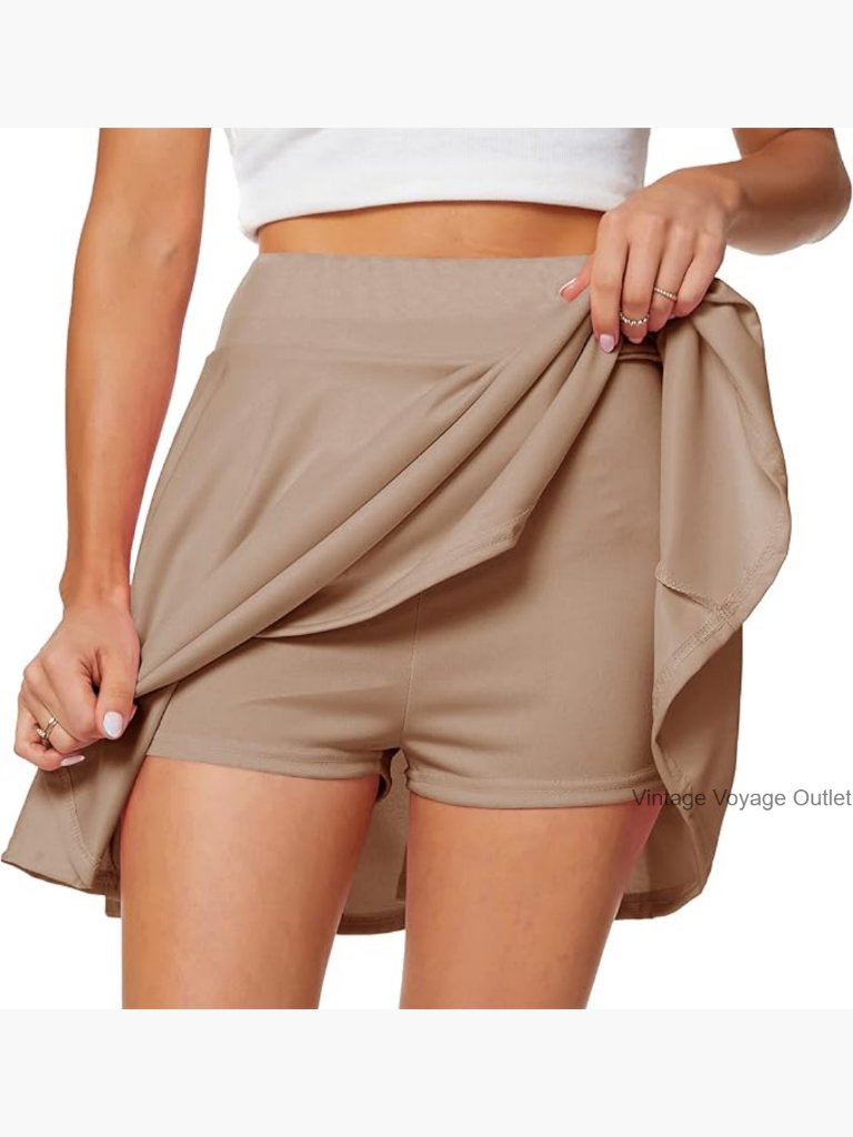 Flared Pleated Mini Skater Skirt With Built-In Shorts, High Waist, Polyester